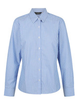A ladies' long sleeve button-up shirt in blue and white stripes, featuring a classic collar and button closure.