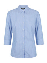 A blue and white striped 3/4 sleeve button-up shirt with a collar, featuring a branded label.