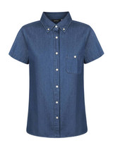 A short-sleeved button-up shirt in a dark blue denim fabric, featuring a pocket and a collar. The shirt has a logo.