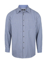 A blue and white check patterned long sleeve button-up shirt with a collar and front buttons.