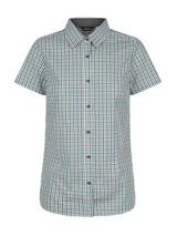 A button-up shirt featuring a green and black checkered pattern with short sleeves and a collar. It has a logo.