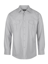 A light grey long sleeve button-up shirt featuring two chest pockets and a logo.