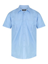 A light blue men's short sleeve button-up shirt with two chest pockets and a logo on the label.