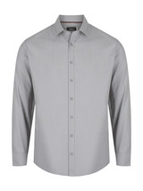 A light grey men's long sleeve button-up shirt featuring a collar and a branded label.