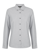A grey ladies long sleeve button-up shirt featuring a collar and black buttons, with a logo on the label.