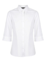 A white ladies' button-up shirt with 3/4 sleeves, featuring a collar and a logo.