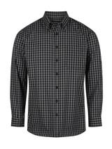 A men's long sleeve button-up shirt featuring a black and grey checkered pattern and a pocket on the chest.