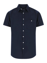A navy men's short sleeve button-up shirt featuring a single chest pocket and a logo.