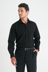 A black long sleeve button-up shirt for men, featuring a classic collar and a fitted silhouette, with a branded logo.