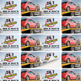 A sheet of stickers featuring a red car and a towing service logo, in a combination of yellow, black, and grey.