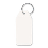 A key ring with a blank white tag attached, ideal for labeling or personalization.