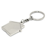 A House Metal Key Ring featuring a house-shaped design with a shiny silver finish and a sturdy keychain attachment.