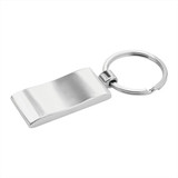 A silver metal key ring with a sleek, modern design and a circular attachment loop.