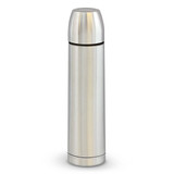 A drink bottle with a sleek silver stainless steel design, featuring a rounded top and a branding logo.