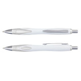 A set of Neo Pens in white plastic, featuring a sleek design with silver accents and a click mechanism.