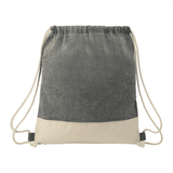 A grey and beige drawstring bag made from recycled cotton, featuring a logo.