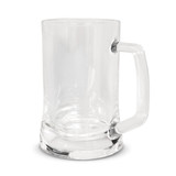 A clear glass beer mug with a sturdy handle and a wide base, designed for serving beer.