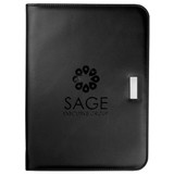 A black leather portfolio featuring a logo on the front and a metal clasp. Ideal for office and business use.
