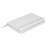 A white notebook with a smooth cover, featuring an elastic band and ribbon bookmark, branded with a logo.