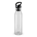 A drink bottle in translucent design with a black lid and spout, featuring a circular base and a logo.