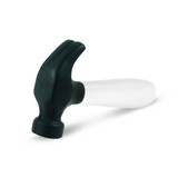 A stress-relief toy designed like a hammer, featuring a black head and a translucent white handle.