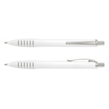 A plastic pen in white with silver accents and a clip, featuring a sleek, modern design.