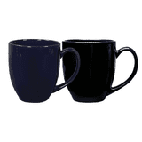 A coffee mug set featuring a navy blue and a black glossy finish, each with a curved handle.