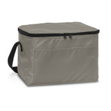 A grey cooler bag with a zip closure and a side handle, featuring a front pocket and a simple design.