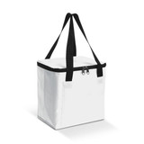 A white cooler bag with black straps and a zipper closure. It has a branding logo on one side.