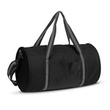 A black duffle bag with grey straps and a side pocket, featuring a logo.