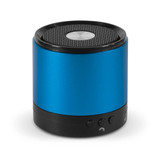 A blue Bluetooth speaker with a black base and a silver mesh top, featuring control buttons on the side.