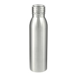 A drink bottle in stainless steel with a sleek, silver finish and a screw-on lid. It features a logo.