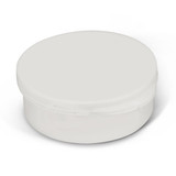 A white, round container with a smooth surface and a fitted lid.