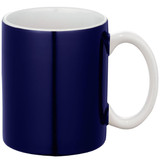 A ceramic mug in navy blue with a white handle and a glossy finish. Features a logo.