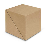 A brown kraft paper cube with a triangular design, featuring a minimalist look, and includes a logo.