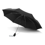 A black umbrella with a metallic handle and a simple design, featuring a logo on the handle.