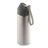 A drink bottle with a metal body and grey cap, featuring a carrying strap. It has a sleek, modern design.