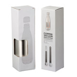 A white box packaging for a stainless steel drink bottle, featuring copper vacuum insulation and a branding logo.