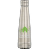 A drink bottle in silver with a sleek design and a logo, featuring a green graphic element.