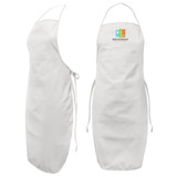 A white bib apron featuring a logo, with ties at the waist and a neck loop for adjustable fit.