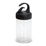 A drink bottle with a clear body and a black, ergonomic cap featuring a carabiner-style hook.