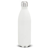 A drink bottle featuring a sleek white design with a silver cap. It has a smooth finish and a logo present.