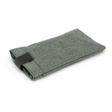 A grey fabric sunglass pouch with a black strap for closure, featuring a logo on the front.