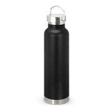 A drink bottle featuring a sleek black design with a stainless steel bottom and a secure lid with a handle.
