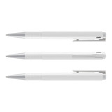 Three white plastic pens with silver accents, featuring a logo on each pen.