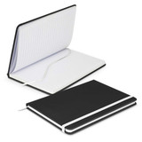 A black notebook with a white elastic band and lined pages, open to display its interior.