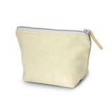A small, light yellow cosmetic bag with a zip closure, featuring a simple design and a logo.