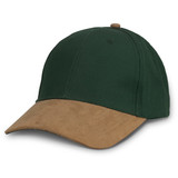 A green cap with a tan suede peak, designed in a casual style suitable for outdoor wear.