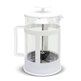 A large white coffee plunger with a clear glass body and a metal plunger mechanism.
