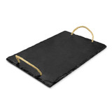 A black slate serving board with rope handles, ideal for serving cheese and other dishes.